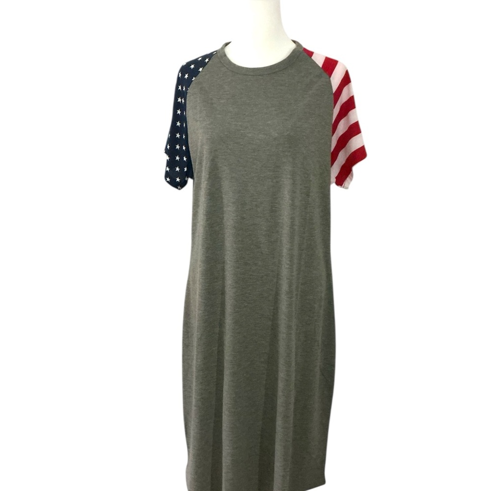 Patriotic Sleeve Tee Dress M Gray, Blue, Red White NWOT by Sign Here
